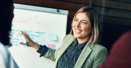 Executive Assistant sharing meeting destination options on whiteboard to her exec